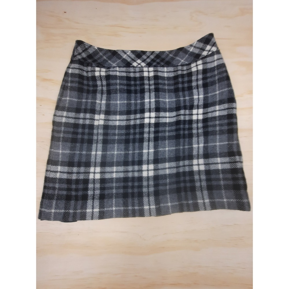 LL Bean Womens Plaid Wool‎ Blend Skirt Grey Black White Petite 14